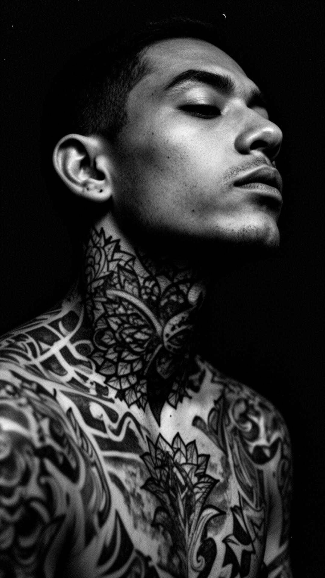 Heavily tattooed model in moody black and white portrait